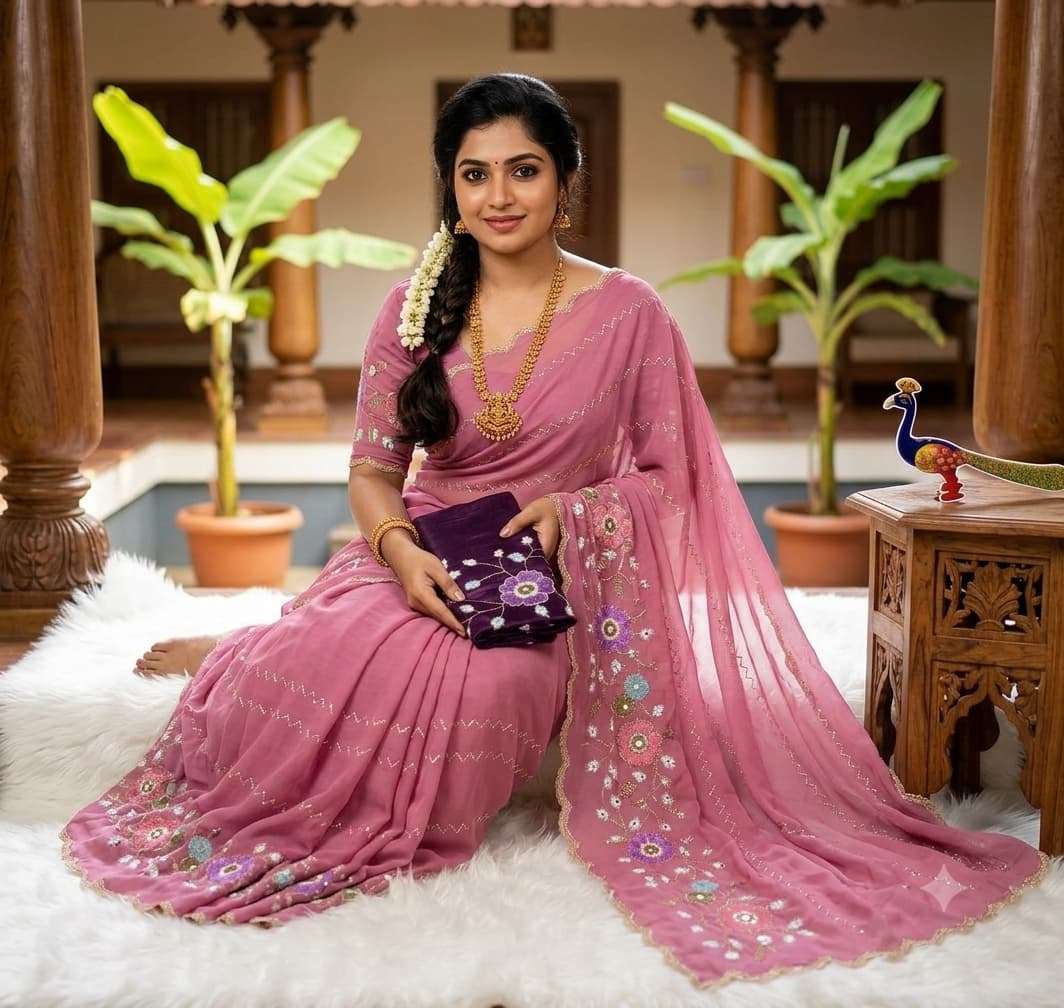 purple colour Pure and Soft Star Georgette Saree With Floral Embroidery Work on saree wholesale in surat
